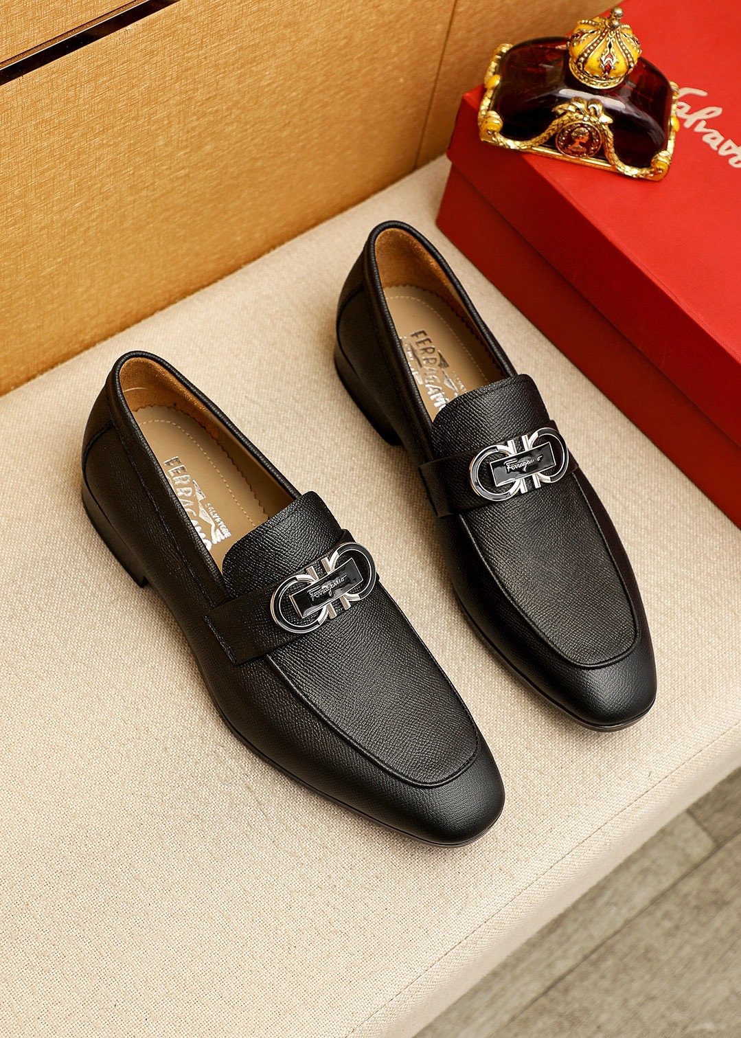 Ferragamo Textured Buckle Loafers — front