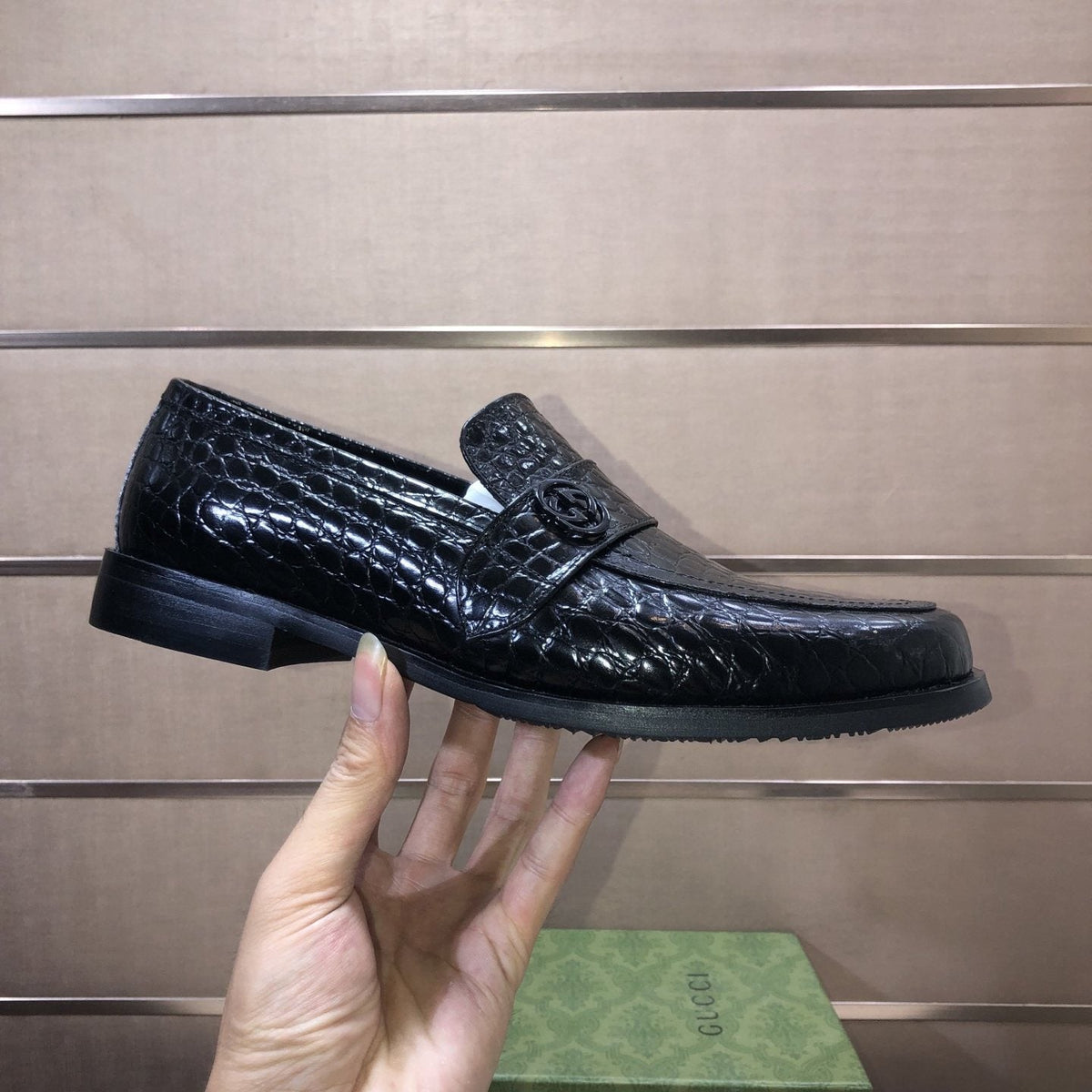 Gucci Black Textured Loafers — side