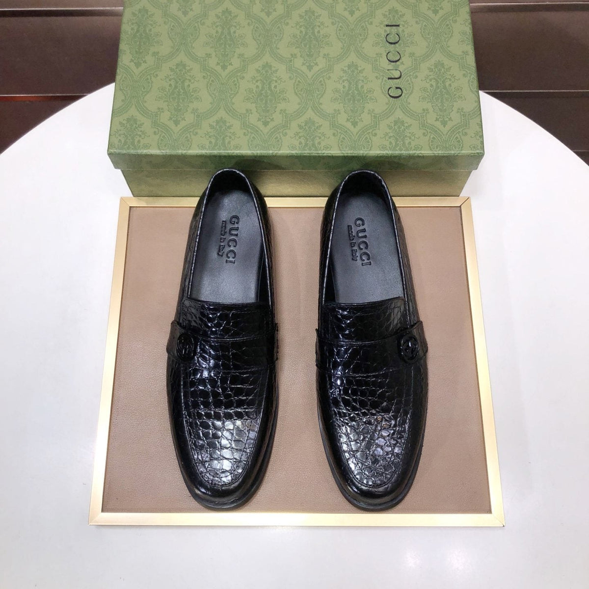 Gucci Black Textured Loafers — hero