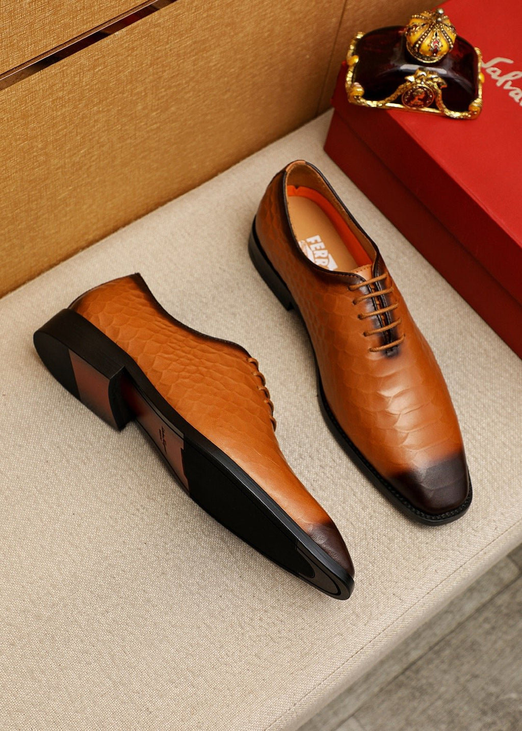 Ferragamo Embossed Lace-Up Dress Shoes — front