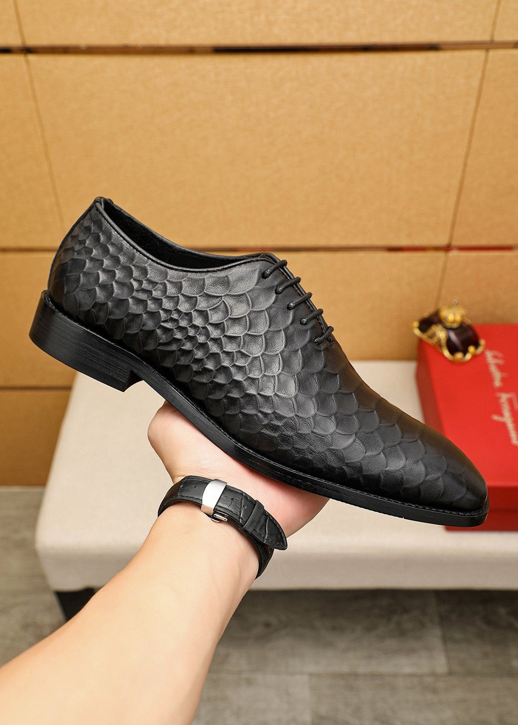 Ferragamo Embossed Lace-Up Dress Shoes — model