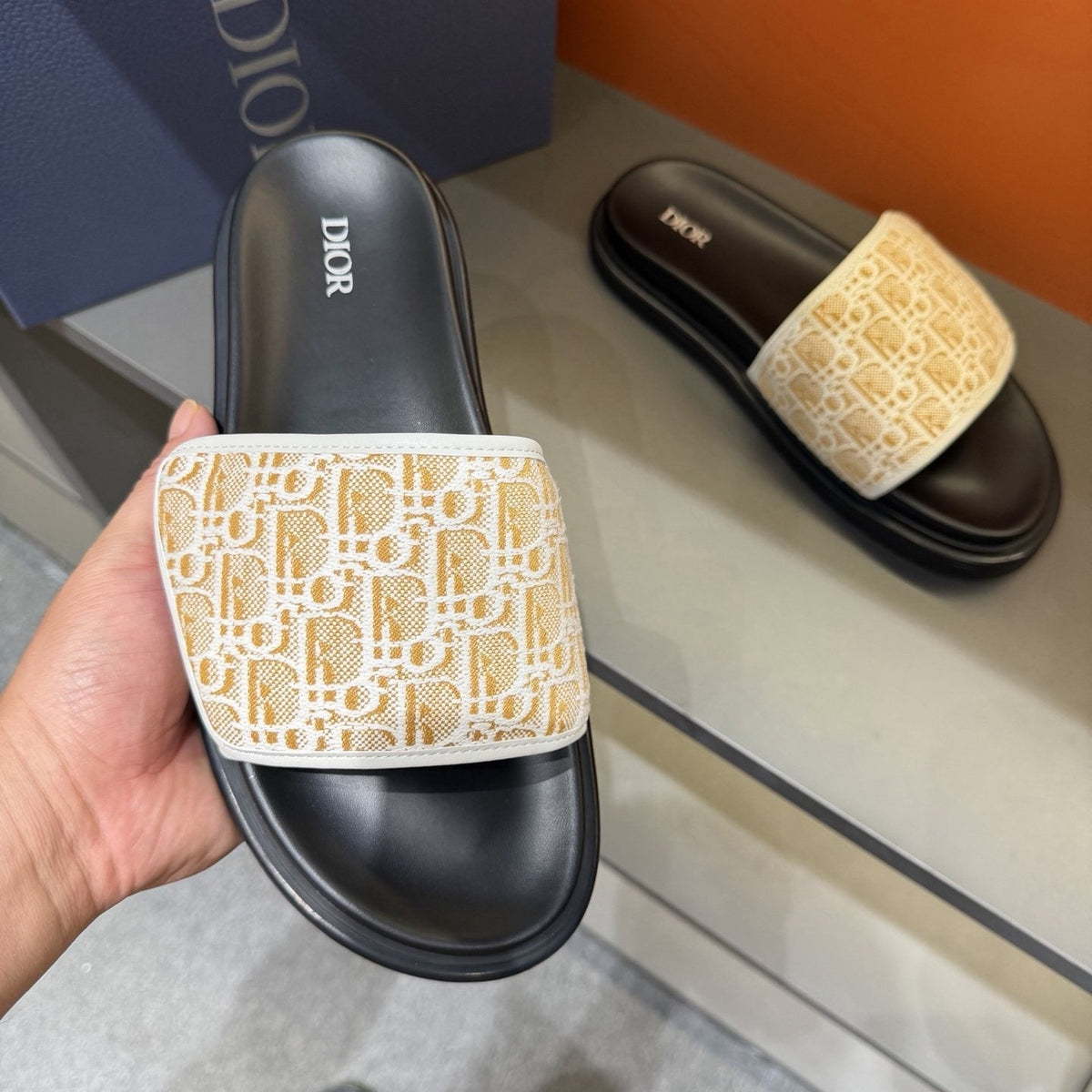 Dior Patterned Strap Slide Sandals — model
