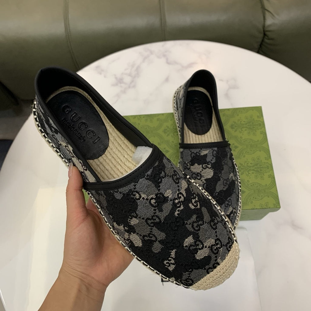 Gucci Black & Gray Monogram Espadrille Loafers — model