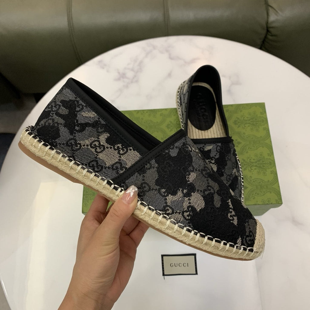 Gucci Black & Gray Monogram Espadrille Loafers — model