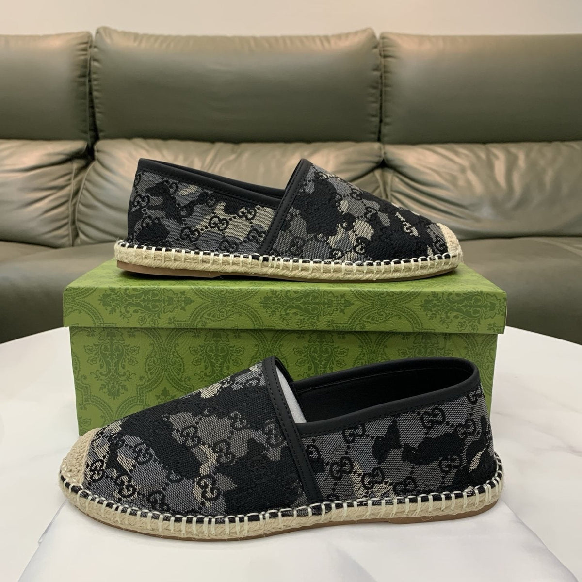 Gucci Black & Gray Monogram Espadrille Loafers — side