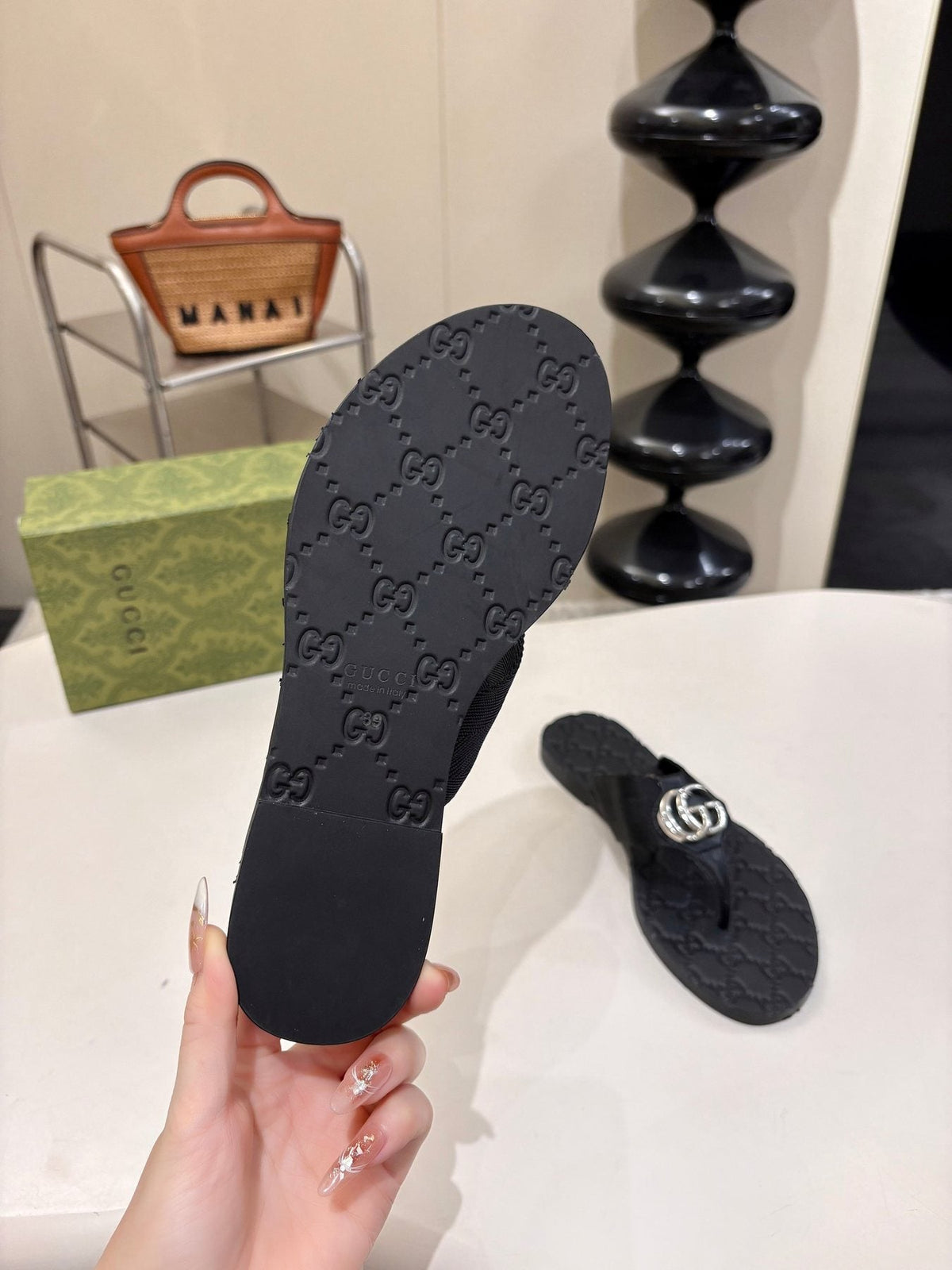 Gucci Green and Red Striped Thong Sandals — side