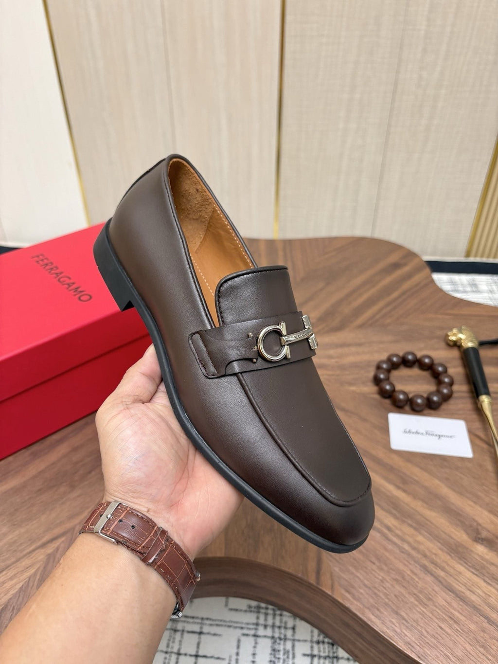 Ferragamo Dark Brown Metal Bit Loafers — model