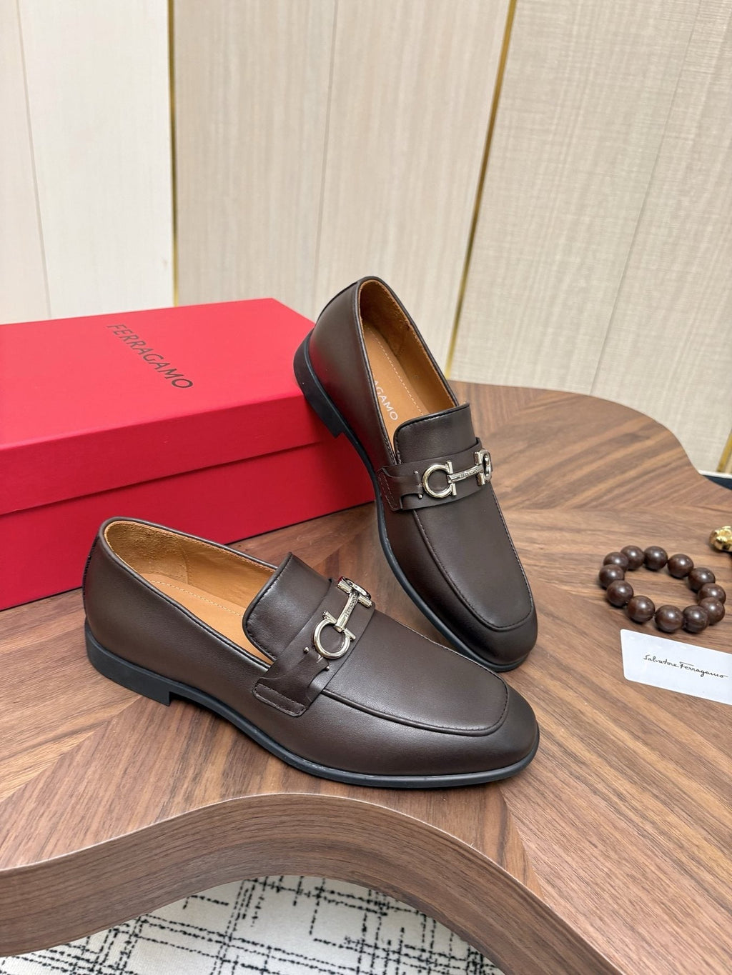 Ferragamo Dark Brown Metal Bit Loafers — front