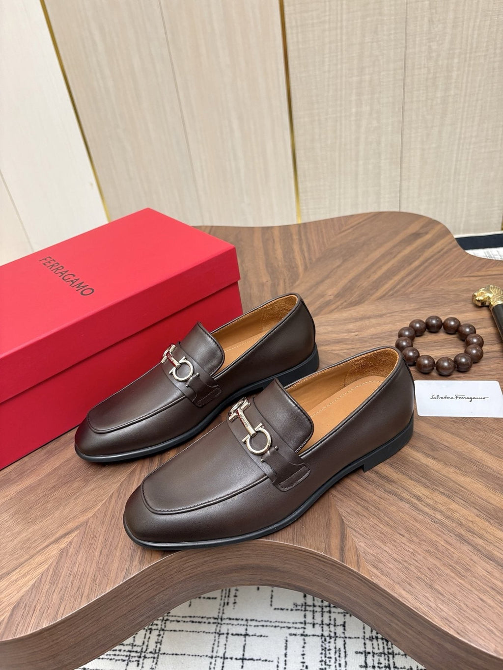 Ferragamo Dark Brown Metal Bit Loafers — front