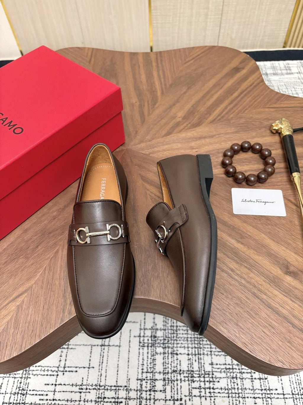 Ferragamo Dark Brown Metal Bit Loafers — front