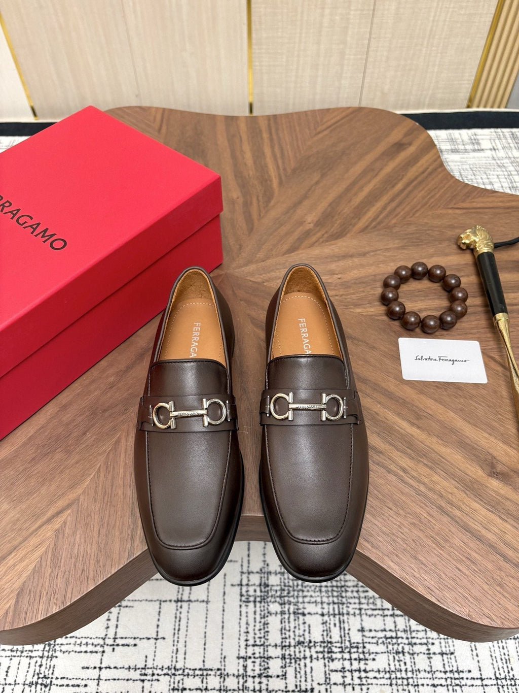 Ferragamo Dark Brown Metal Bit Loafers — hero