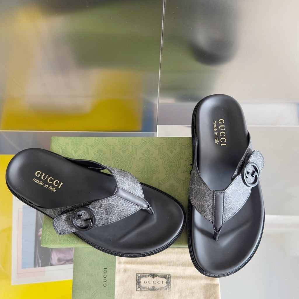 Gucci Black and Gray Monogram Toe-Post Sandals — side