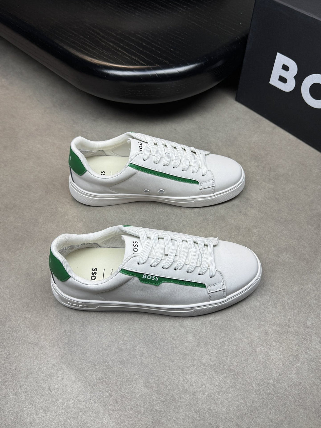 BOSS White Green Low-Top Sneakers — hero
