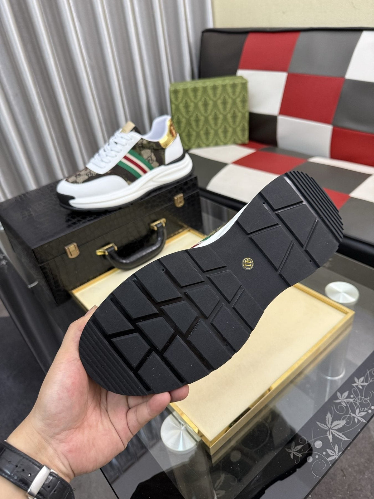 Gucci Monogram Stripe Low-Top Sneakers — detail