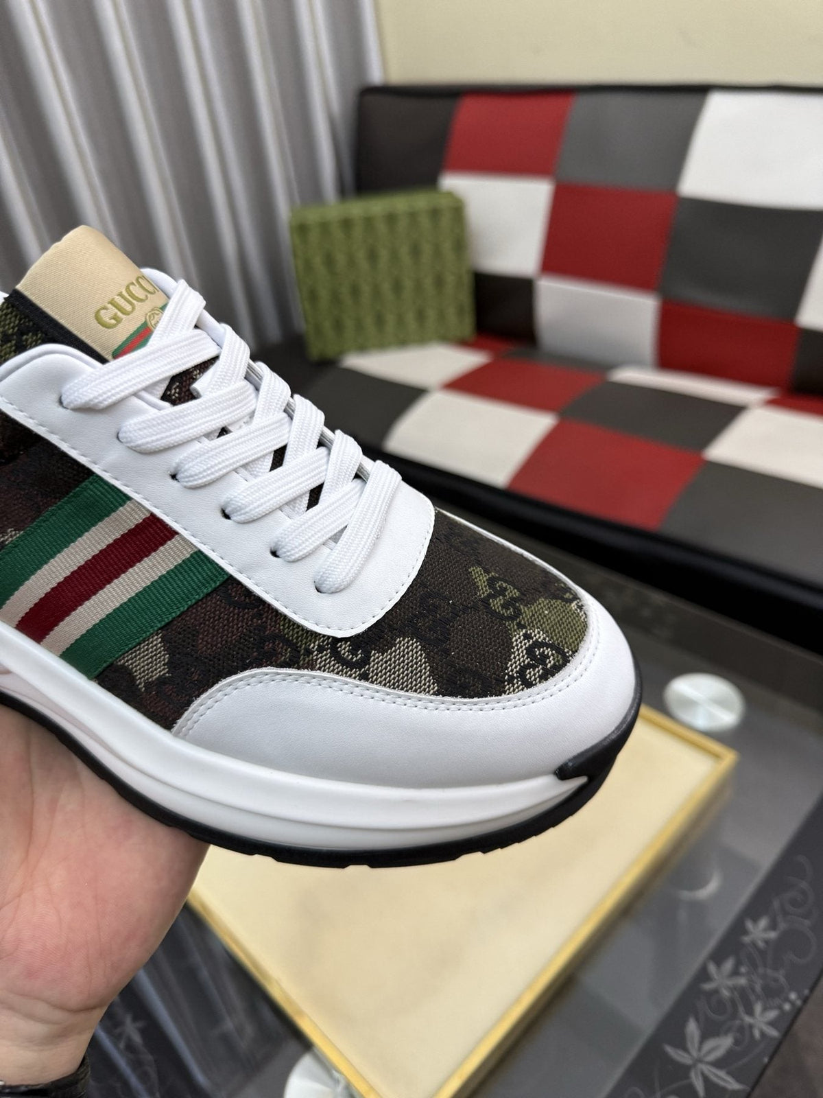Gucci Monogram Stripe Low-Top Sneakers — detail
