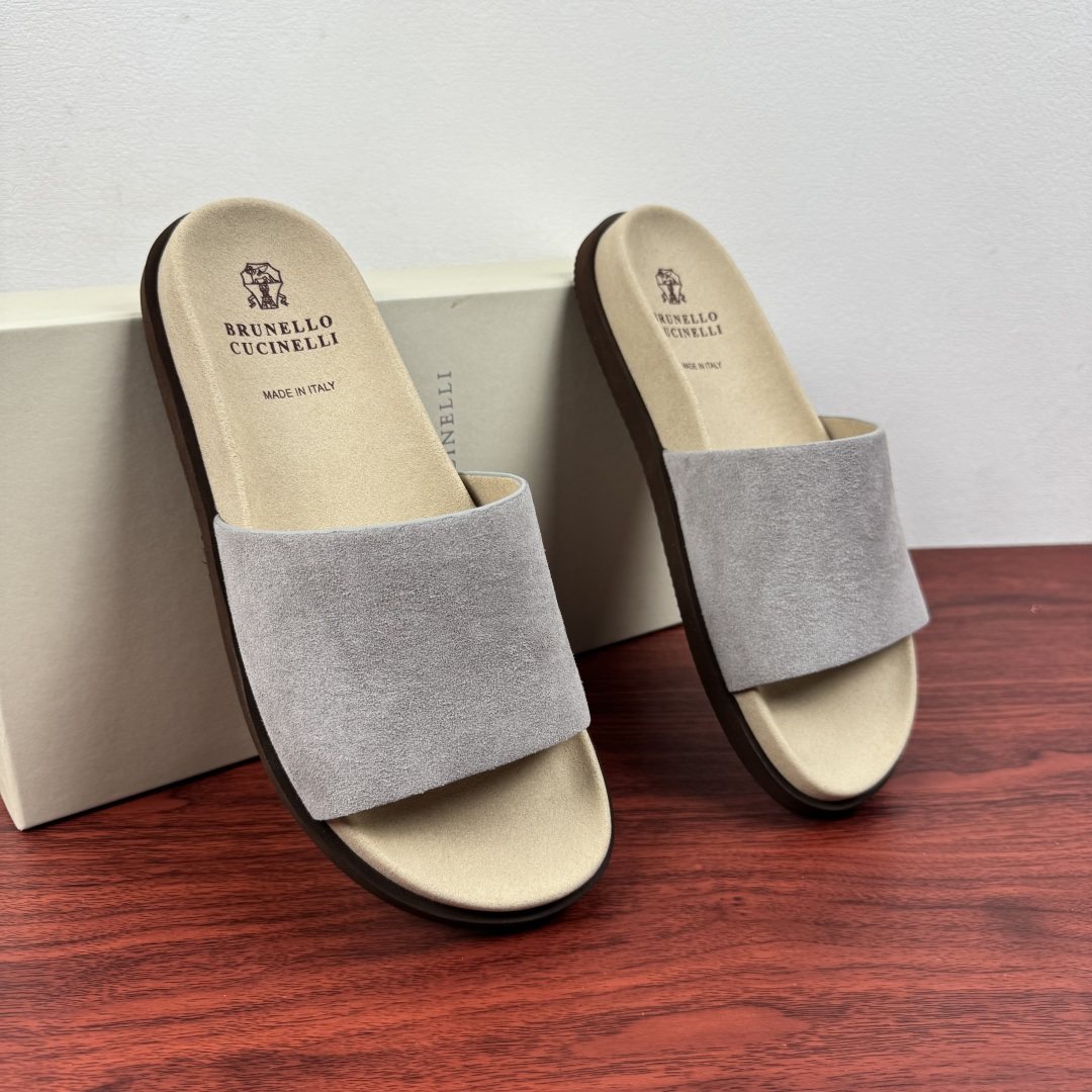 Brunello Cucinelli Suede Slide Sandals — front