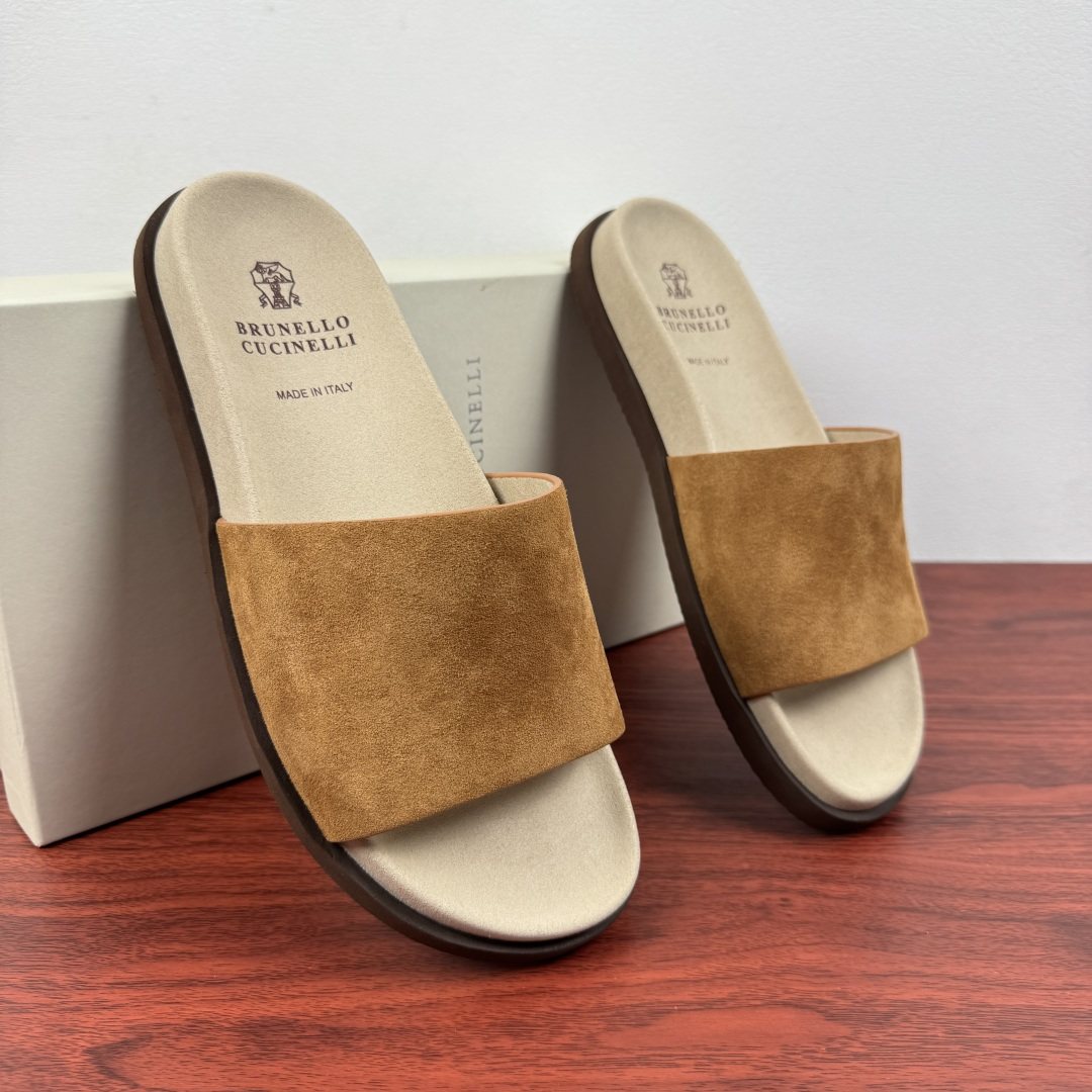 Brunello Cucinelli Suede Slide Sandals — front