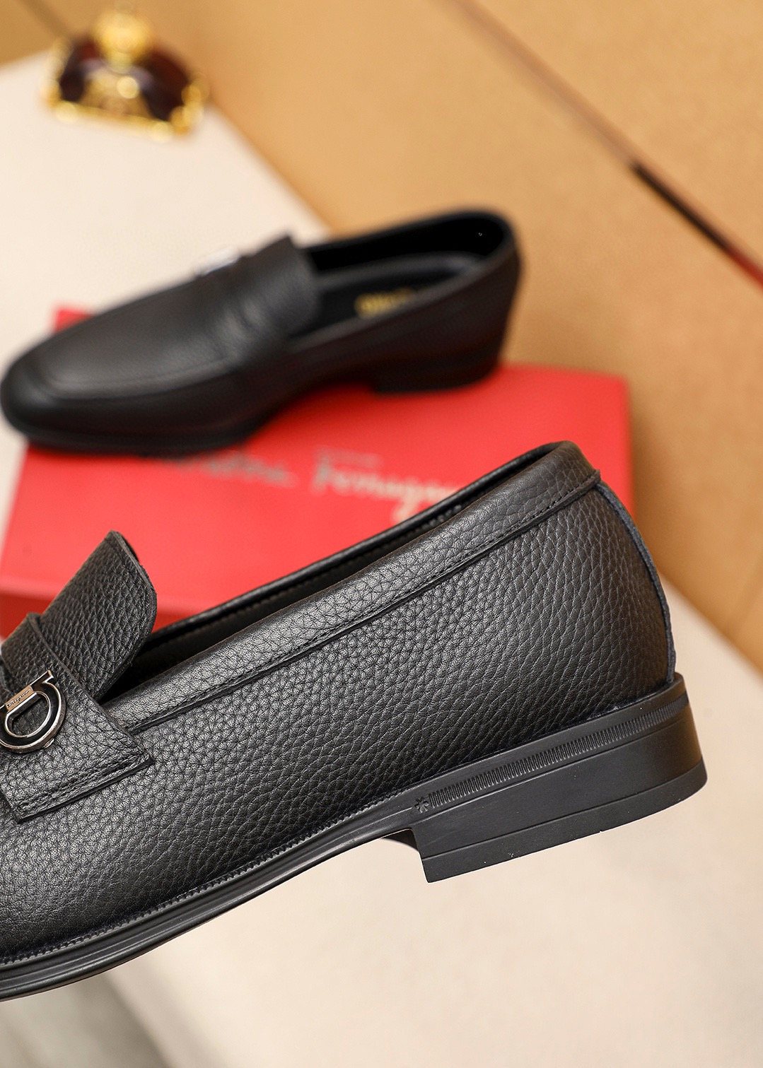 Ferragamo Textured Metal-Accent Loafers — detail