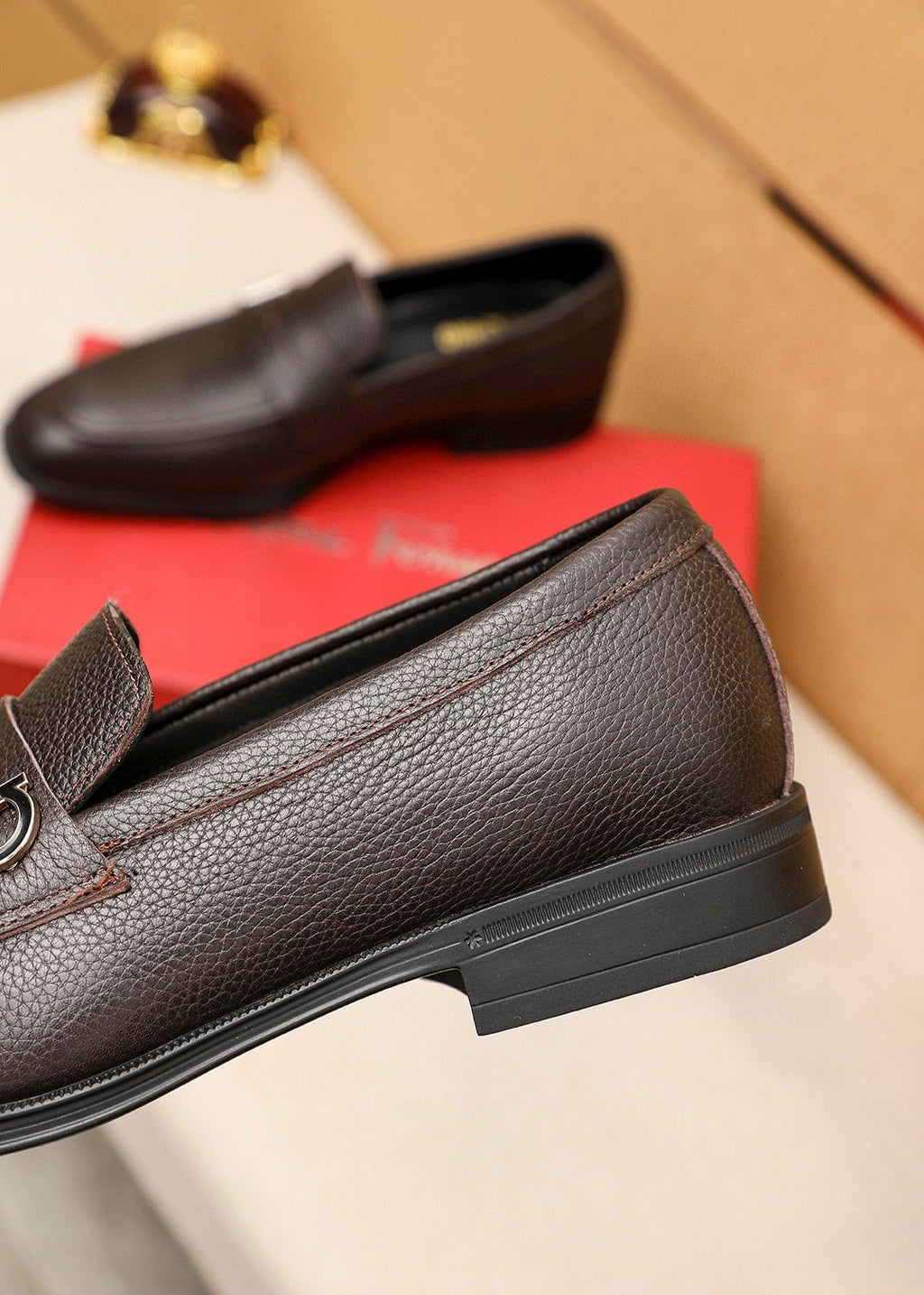 Ferragamo Textured Metal-Accent Loafers — detail