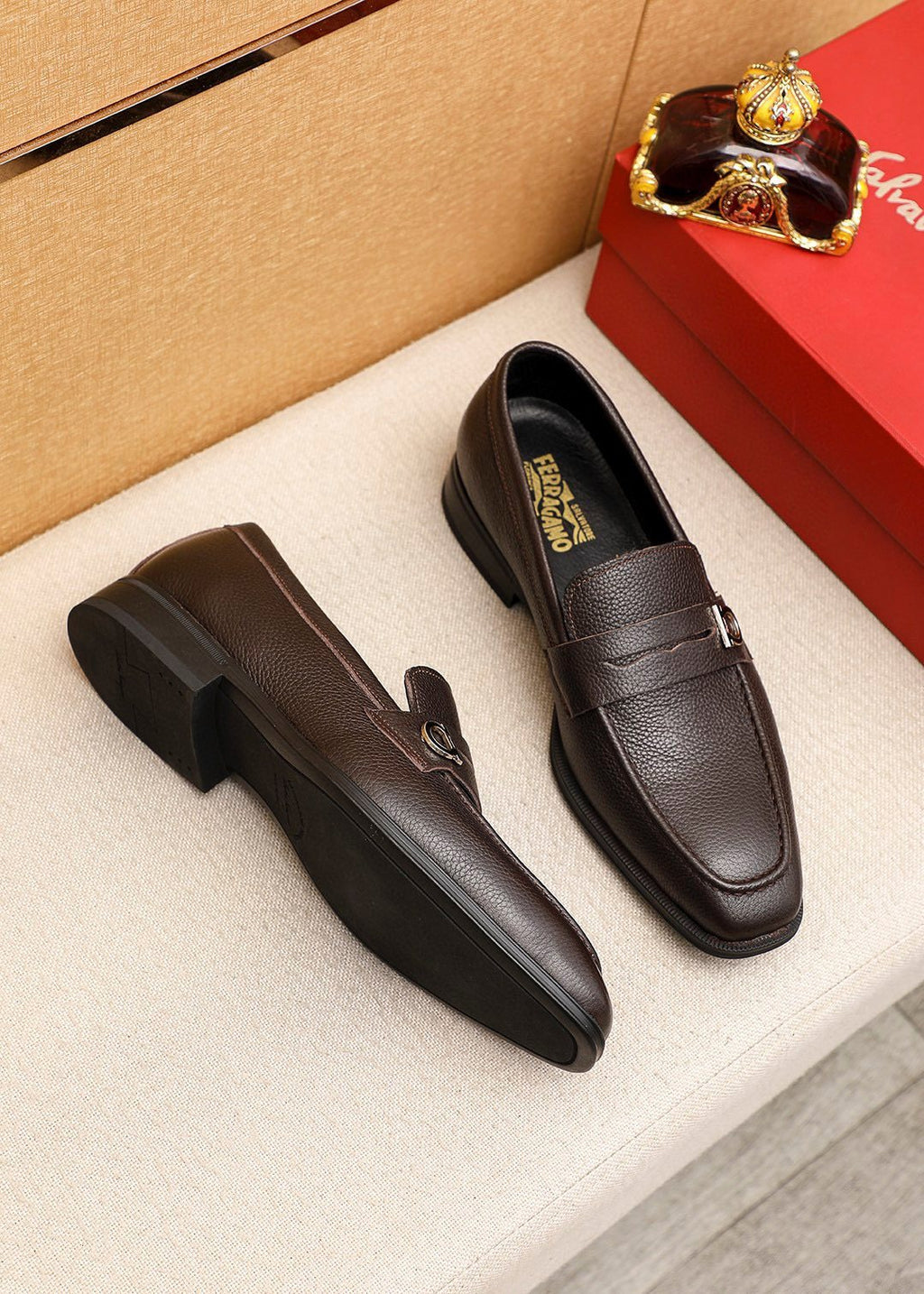 Ferragamo Textured Metal-Accent Loafers — side