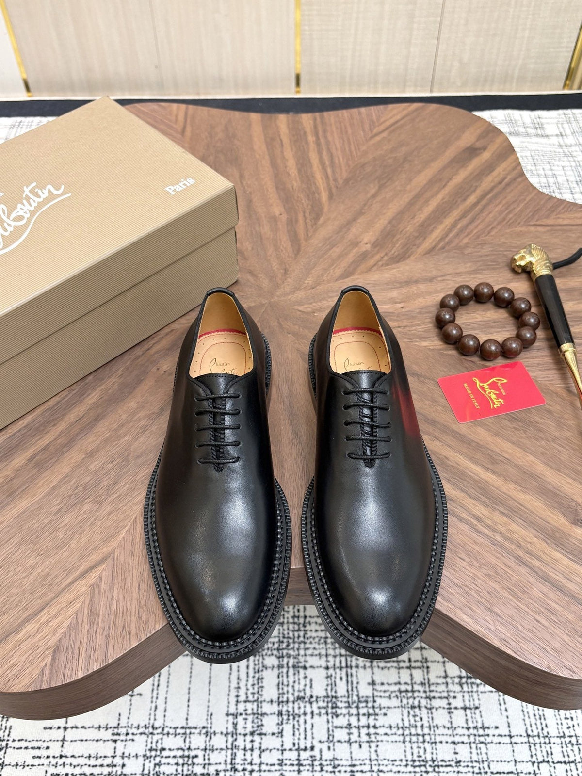 Black Lace-Up Dress Shoes with Red Outsole — hero