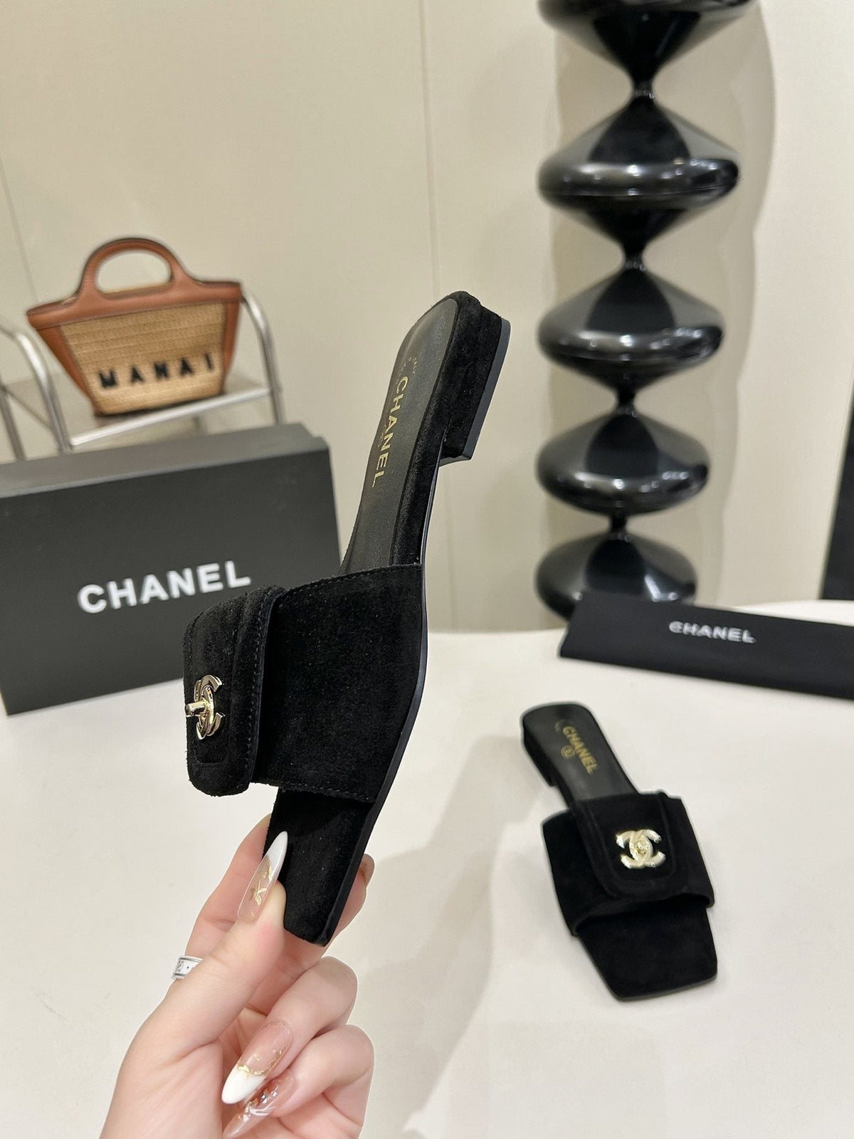 Chanel Square-Toe Emblem Slide Sandals — side