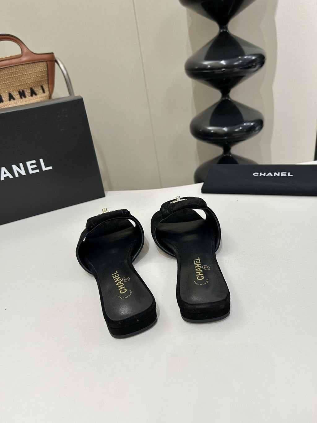 Chanel Square-Toe Emblem Slide Sandals — back