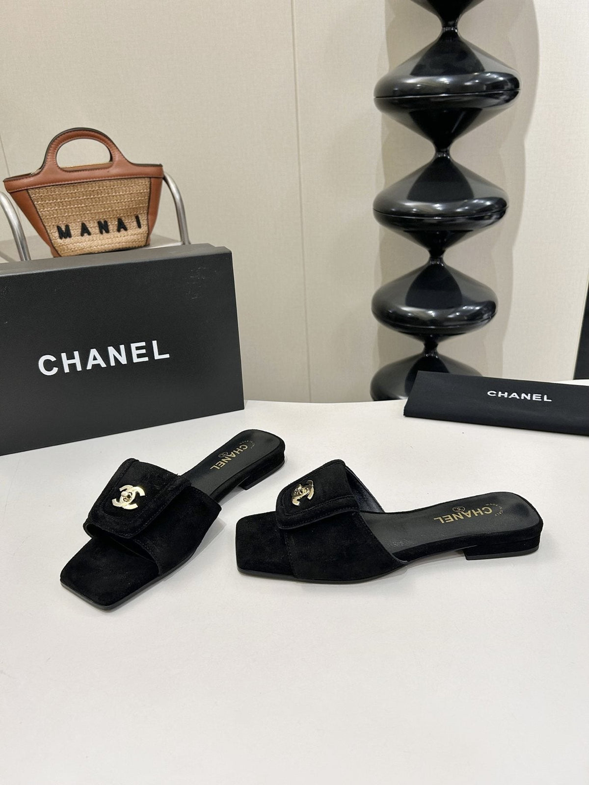 Chanel Square-Toe Emblem Slide Sandals — front
