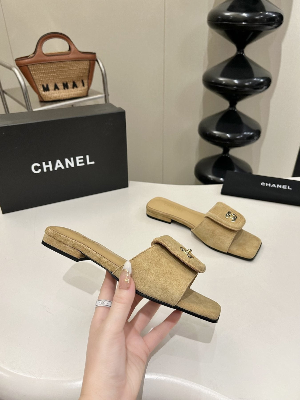 Chanel Square-Toe Emblem Slide Sandals — detail