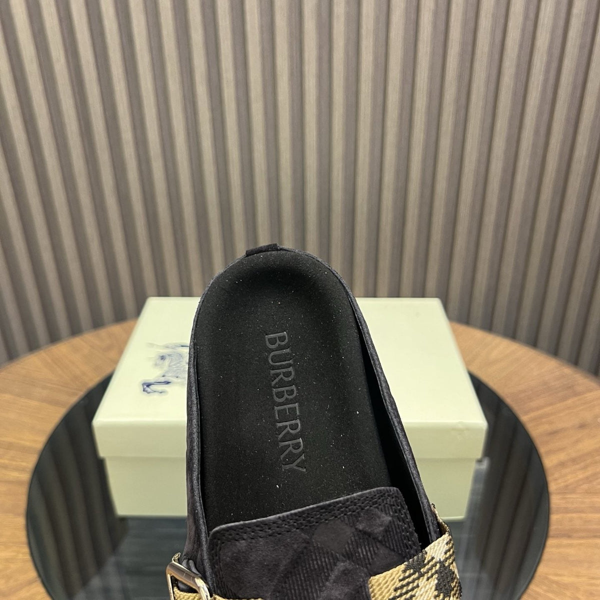 Burberry Brown Plaid Buckle Mule Slippers — detail