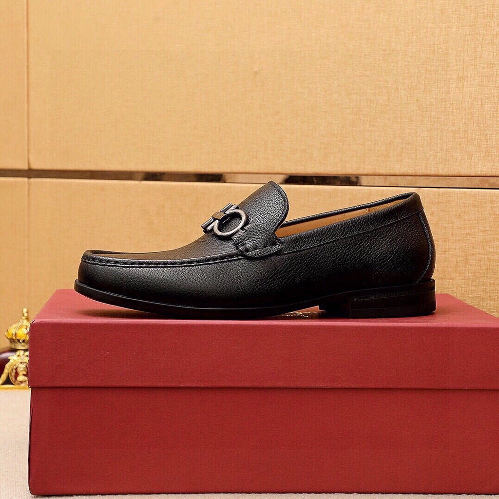Ferragamo Black Pebbled Leather Loafers — back