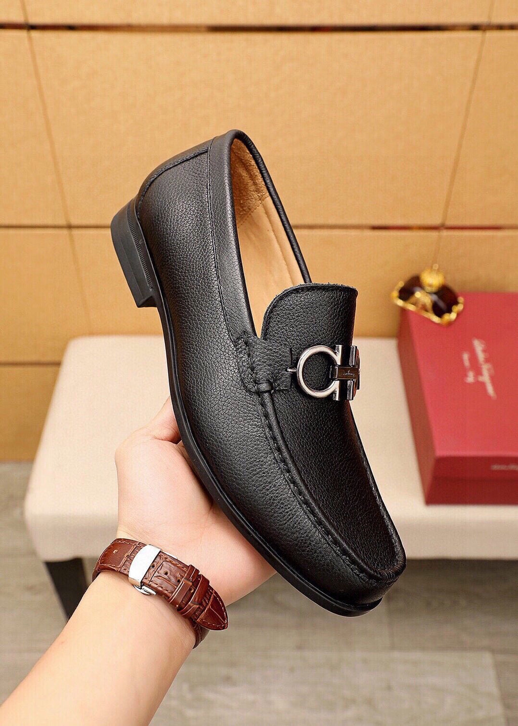 Ferragamo Black Pebbled Leather Loafers — side