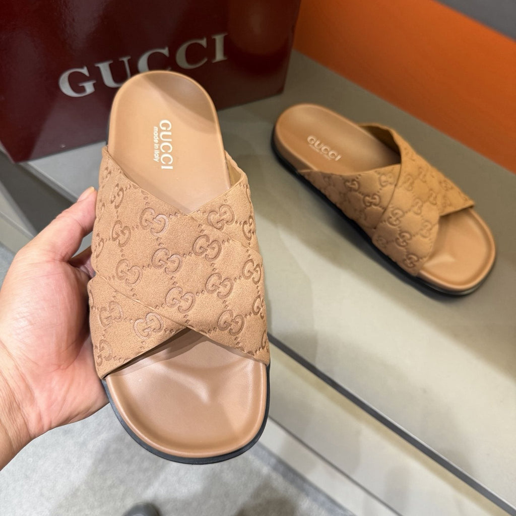 Gucci GG Monogram Crossover Slide Sandals — model