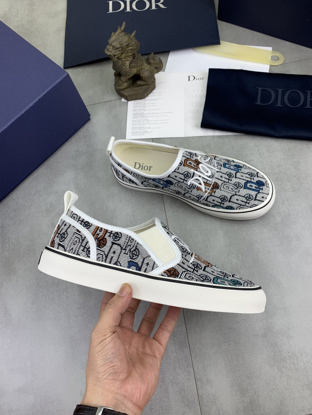 Dior Navy Patterned Slip-On Canvas Shoes — side