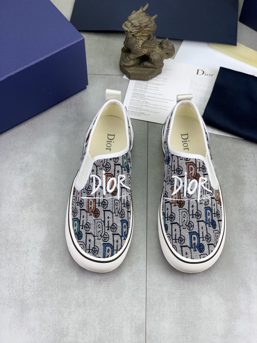 Dior Navy Patterned Slip-On Canvas Shoes — hero