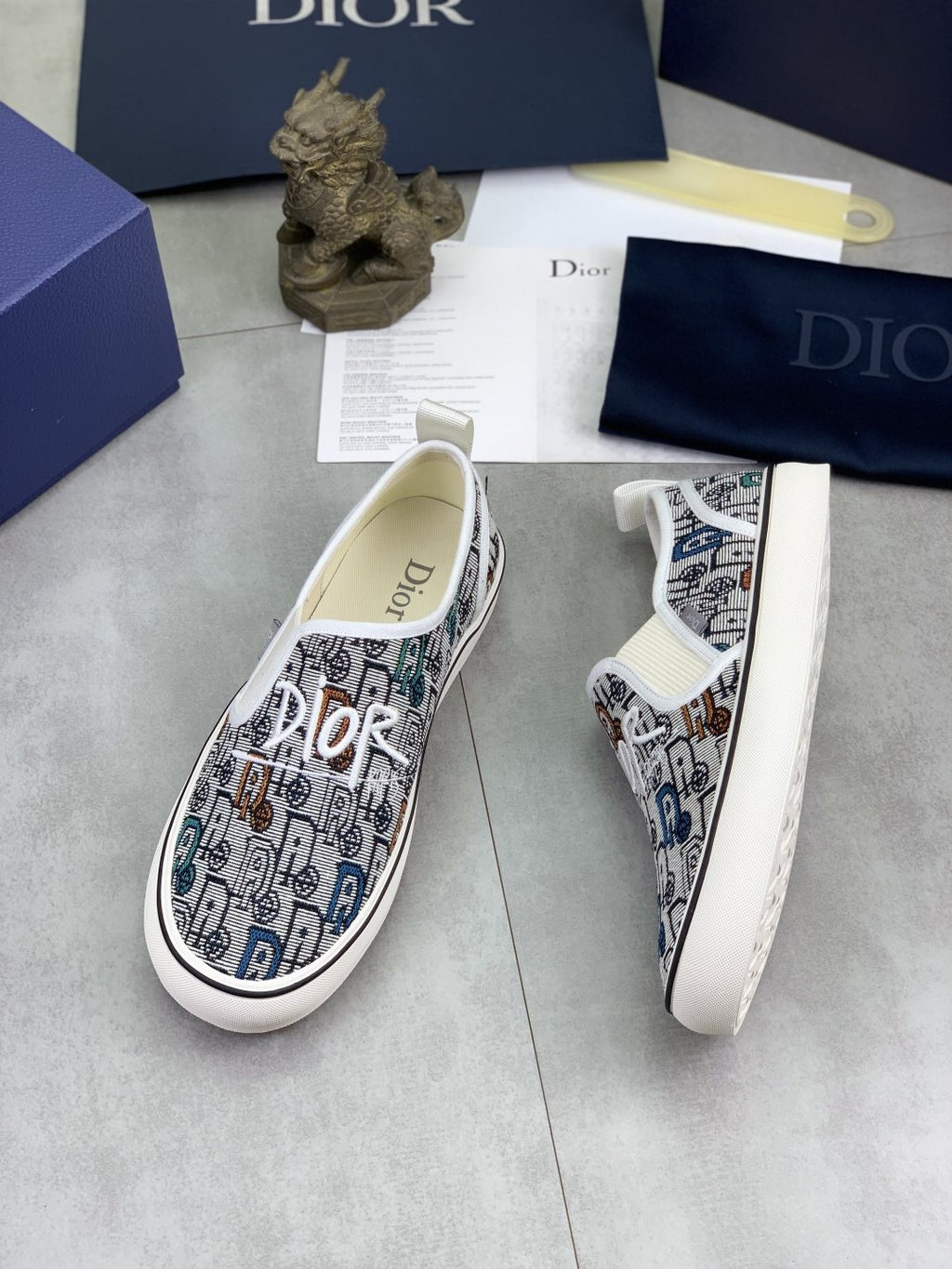 Dior Navy Patterned Slip-On Canvas Shoes — front