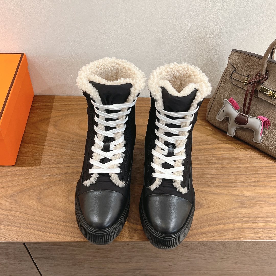Hermès Taupe and Cream Lace-Up Mid-Calf Boots — front