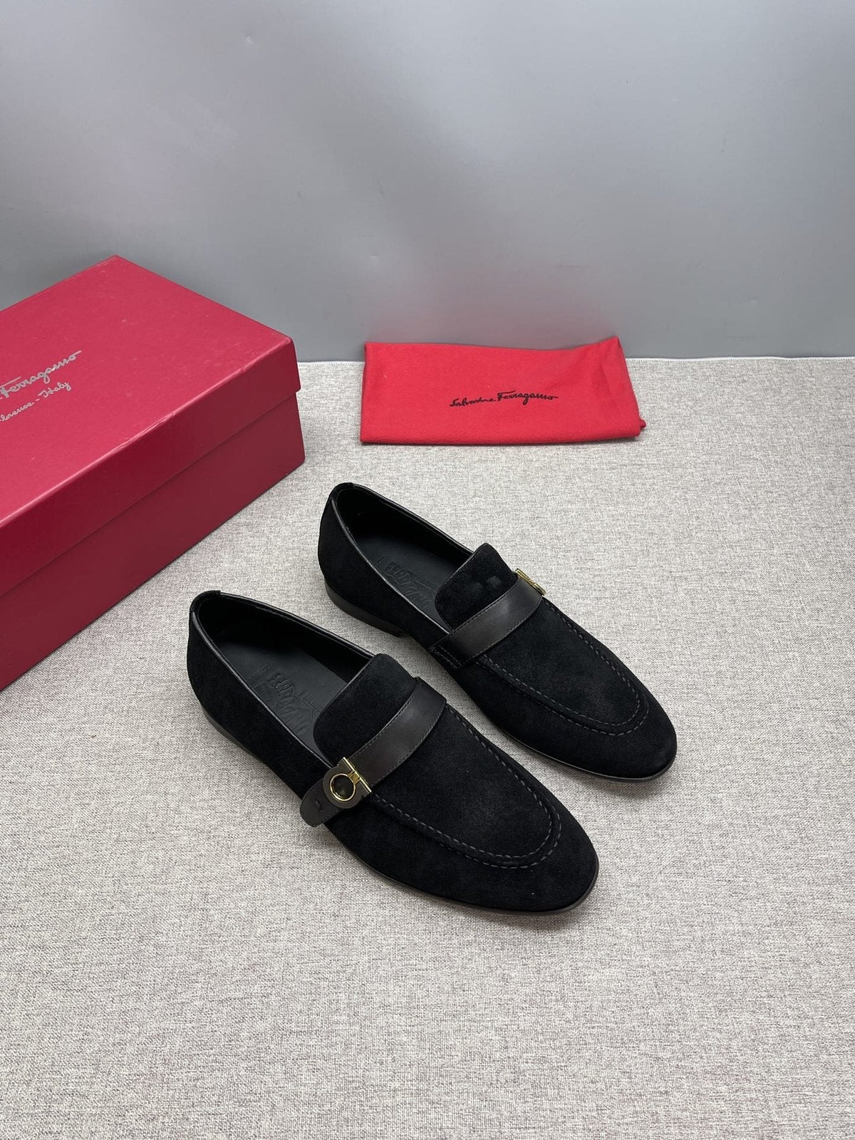 Ferragamo Navy Buckle Loafers — front