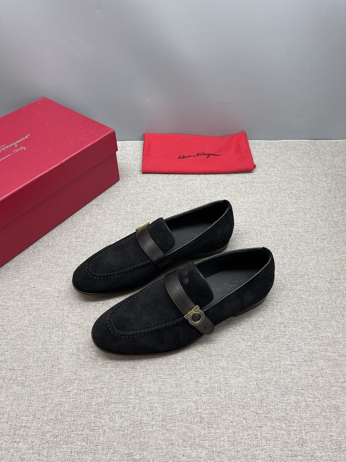 Ferragamo Navy Buckle Loafers — side