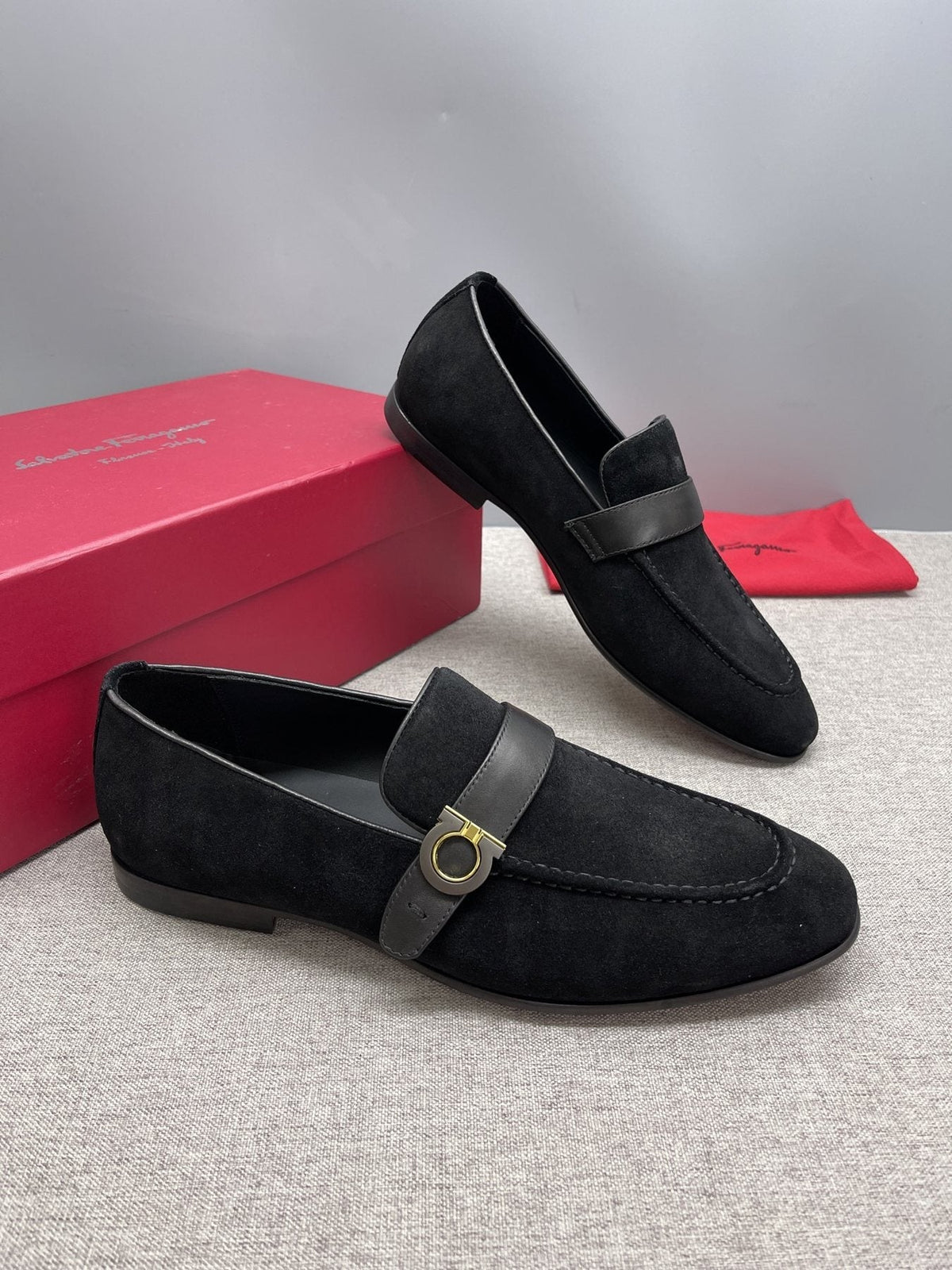 Ferragamo Navy Buckle Loafers — side