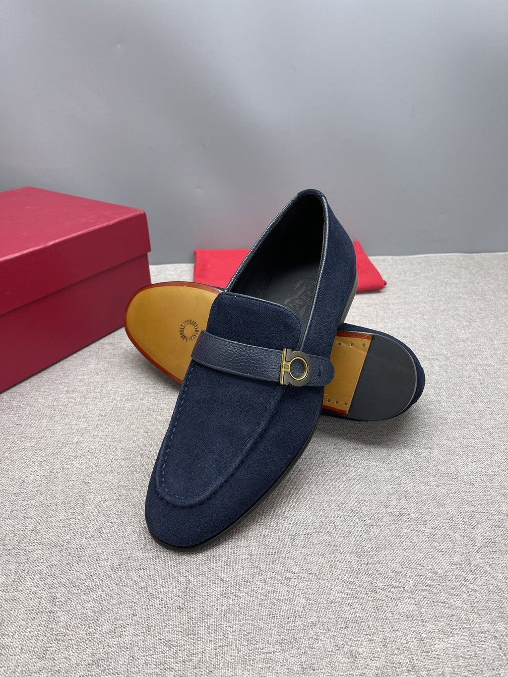 Ferragamo Navy Buckle Loafers — back