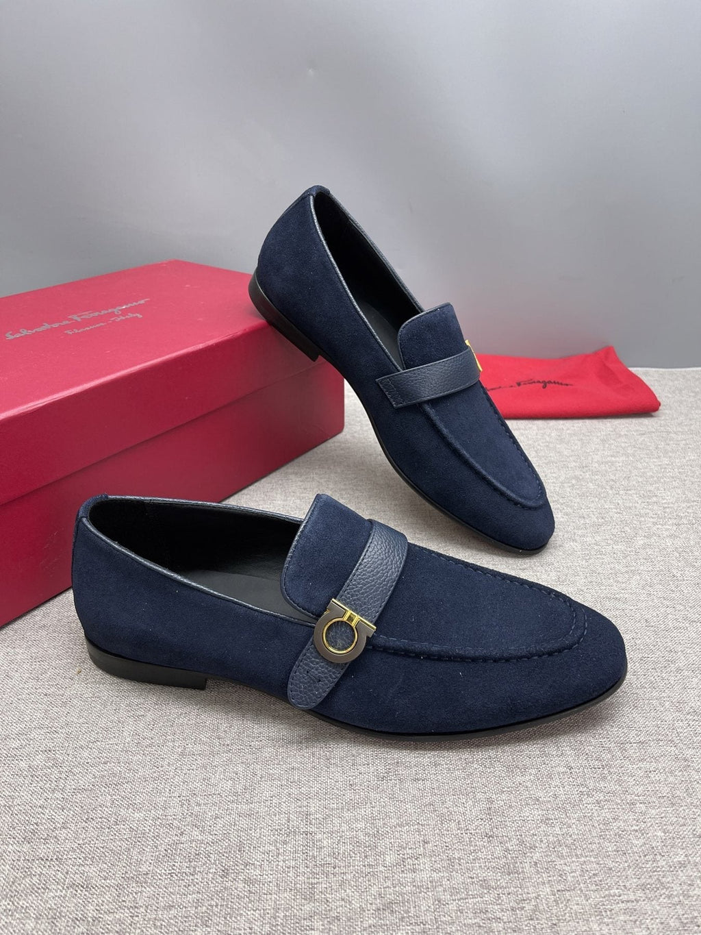 Ferragamo Navy Buckle Loafers — side