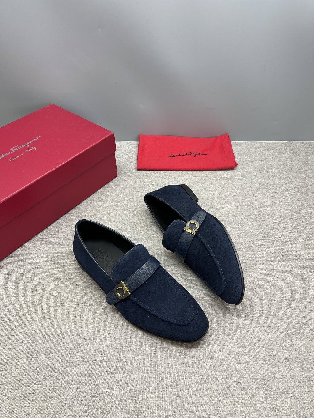 Ferragamo Navy Buckle Loafers — model