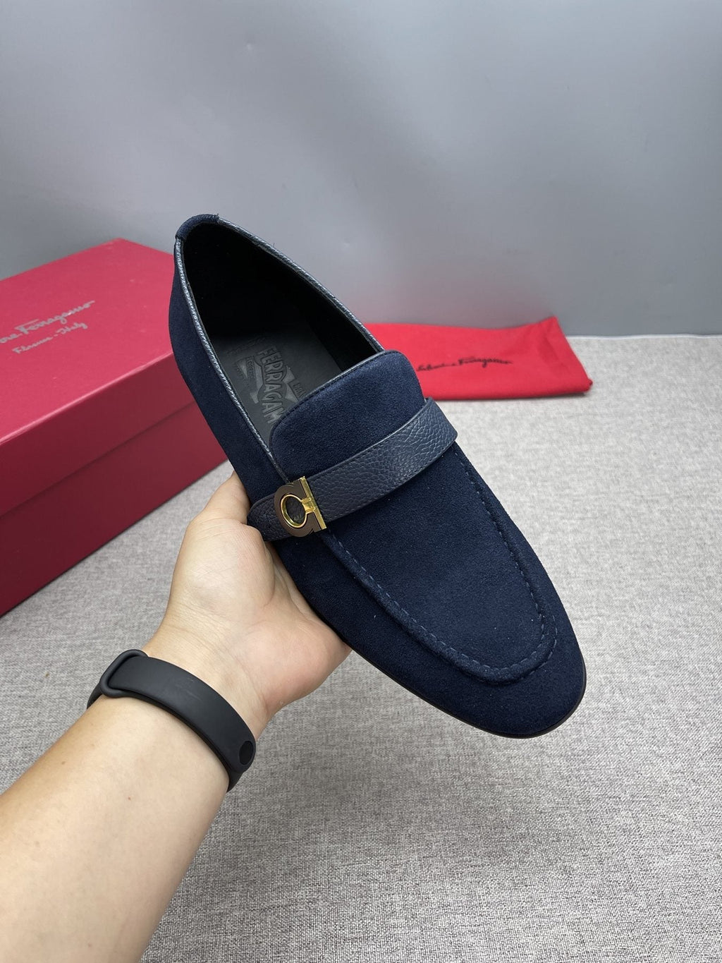Ferragamo Navy Buckle Loafers — side