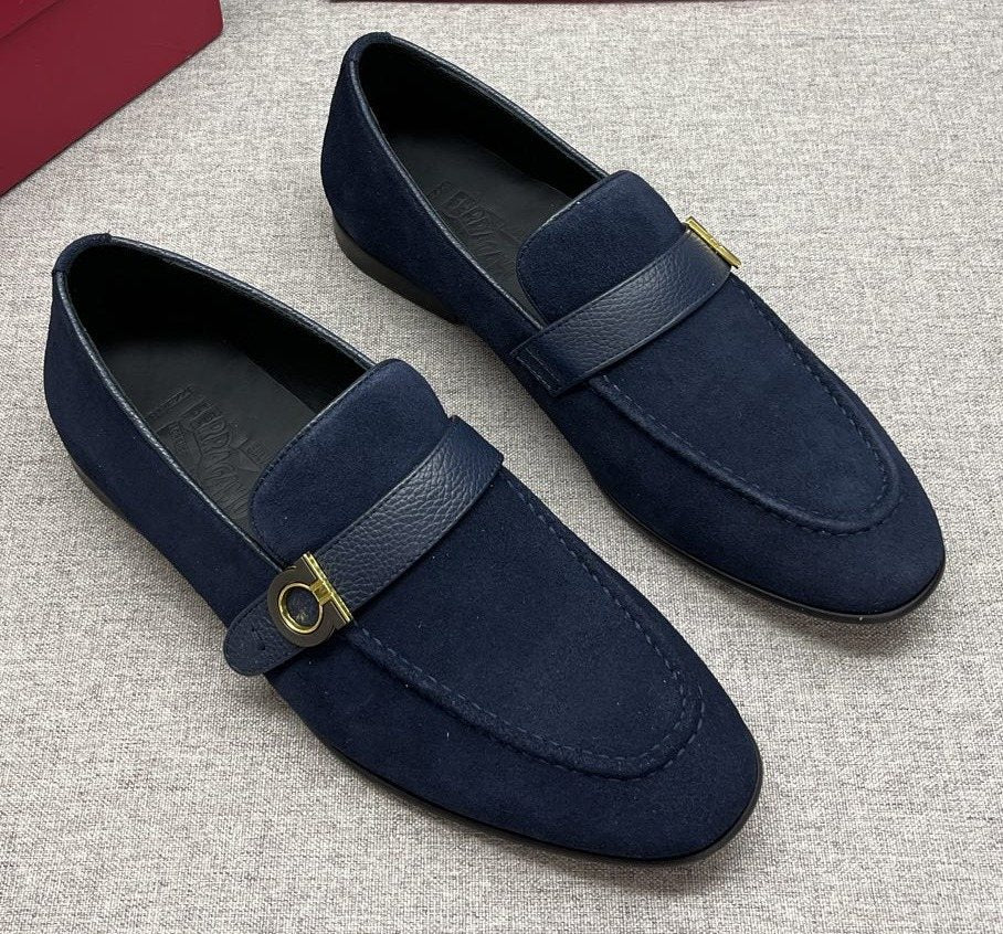 Ferragamo Navy Buckle Loafers — hero