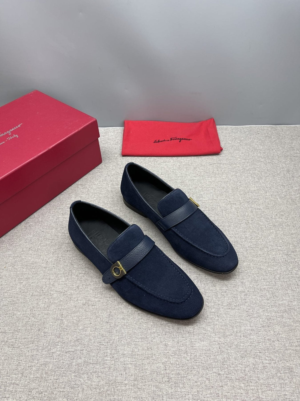 Ferragamo Navy Buckle Loafers — front