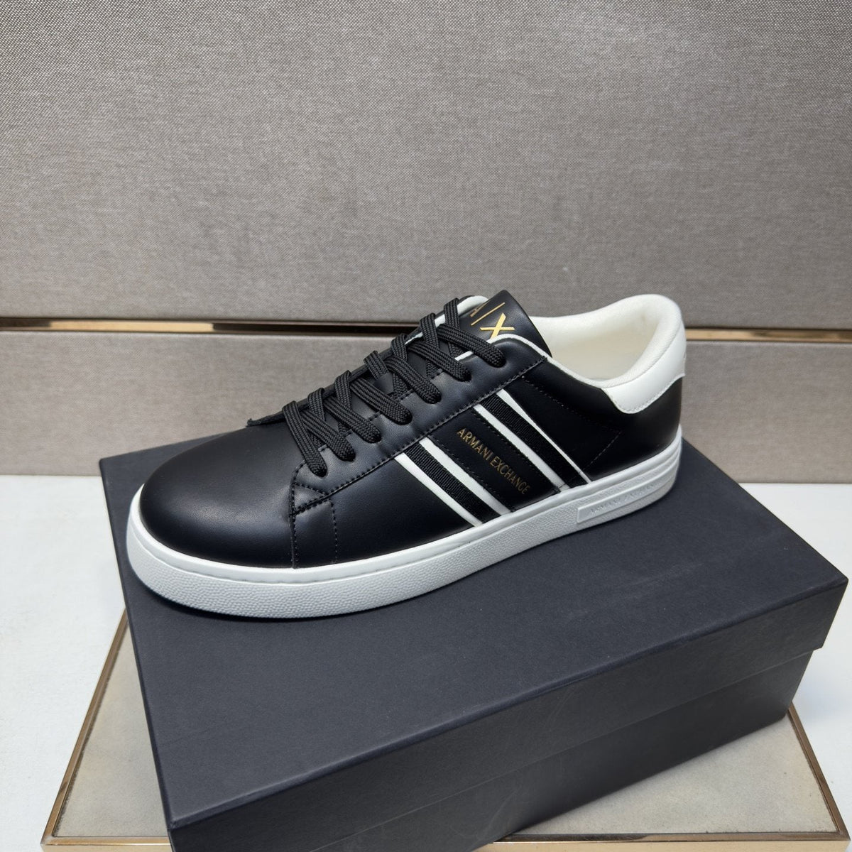 Armani Navy and White Stripe Sneakers — front