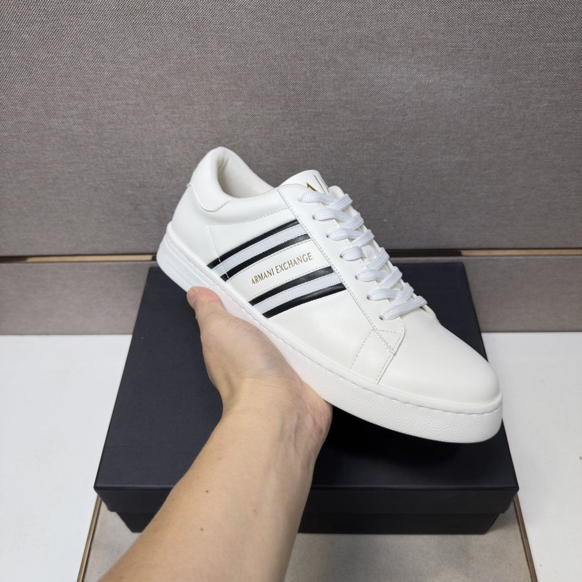 Armani Navy and White Stripe Sneakers — model