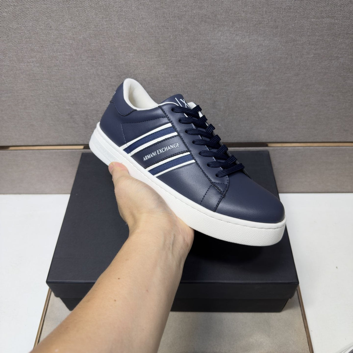 Armani Navy and White Stripe Sneakers — model