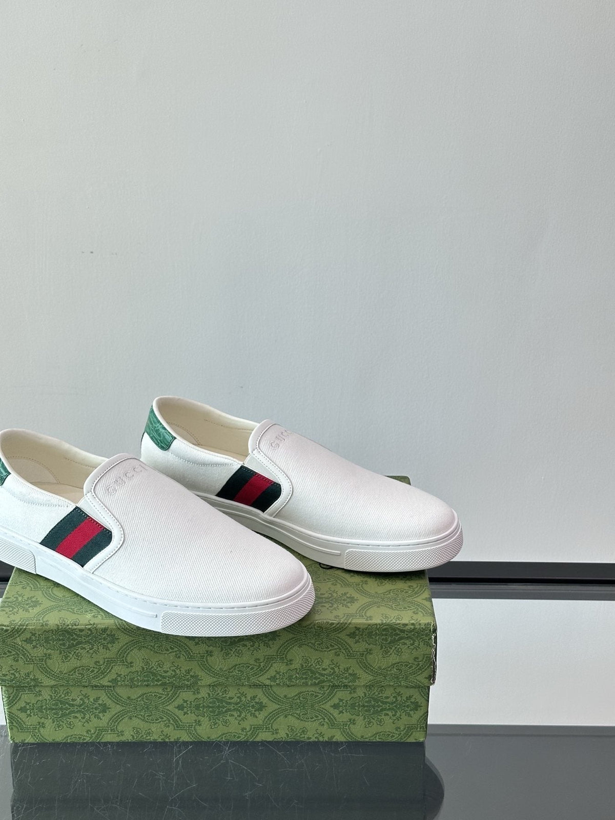 Gucci White Striped Slip-On Shoes — back